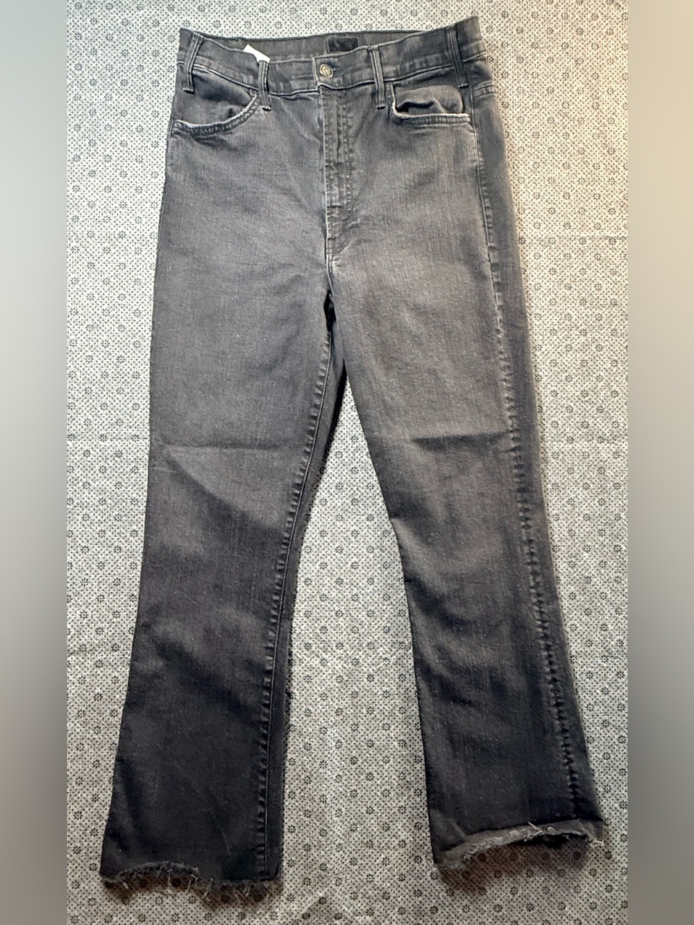 Mother Hustler Ankle Fray Jeans 31 Black Gray High Rise Cropped Flare Raw Hem